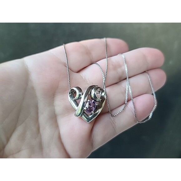 Italian 925 Sterling Silver Amethyst Scrolled Heart Pendant Necklace Vintage - Picture 2 of 10